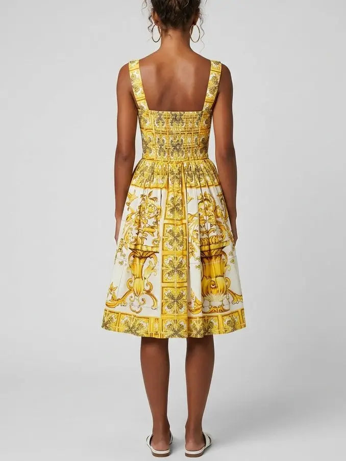 Italian Majolica Print Cotton Poplin Corset Midi Dress - Dresses
