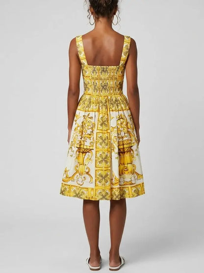 Italian Majolica Print Cotton Poplin Corset Midi Dress - Dresses