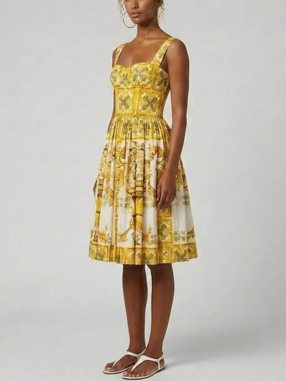 Italian Majolica Print Cotton Poplin Corset Midi Dress - Dresses
