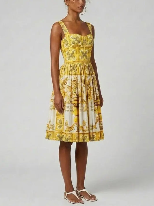 Italian Majolica Print Cotton Poplin Corset Midi Dress - Dresses