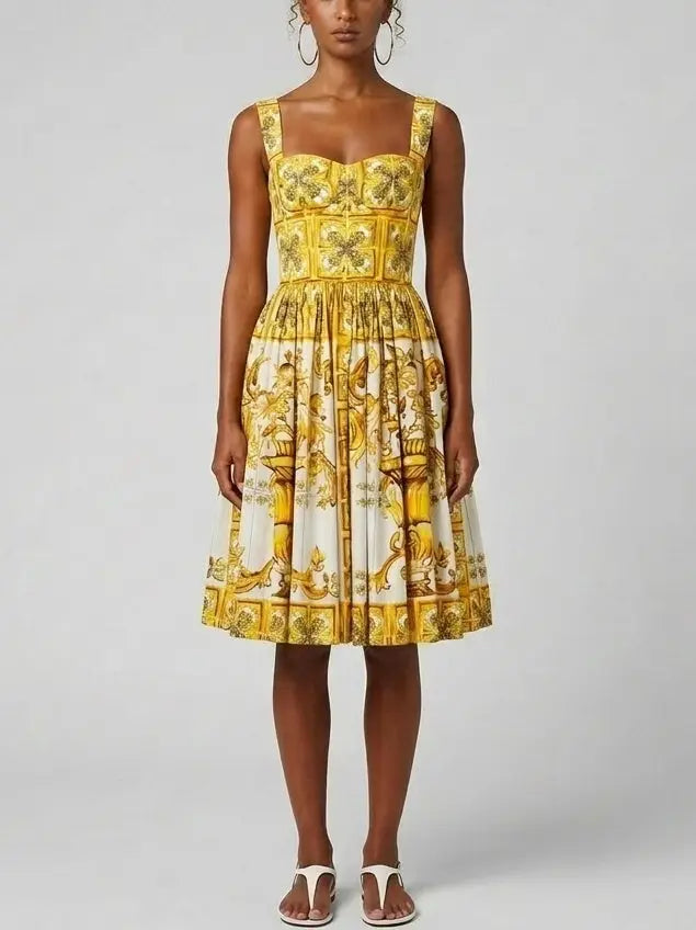 Italian Majolica Print Cotton Poplin Corset Midi Dress - Dresses