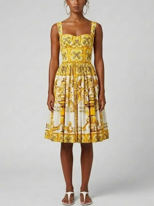 Italian Majolica Print Cotton Poplin Corset Midi Dress - Dresses
