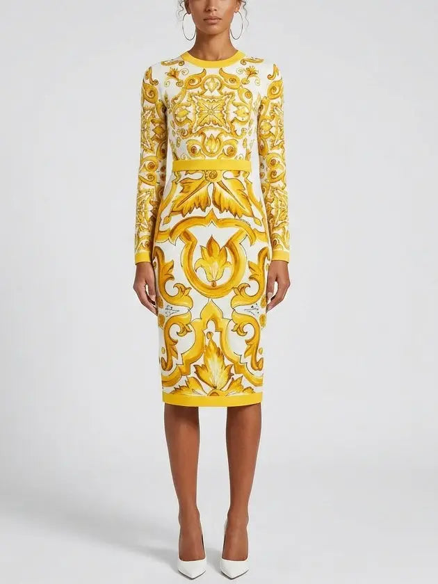 Italian Majolica Print Silk Sheath Midi Dress - small - Dresses