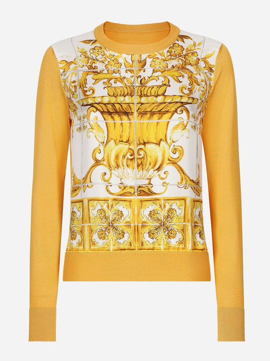 Italian Majolica Tile Printed Yellow and White Knit Sweater - Branna Couture