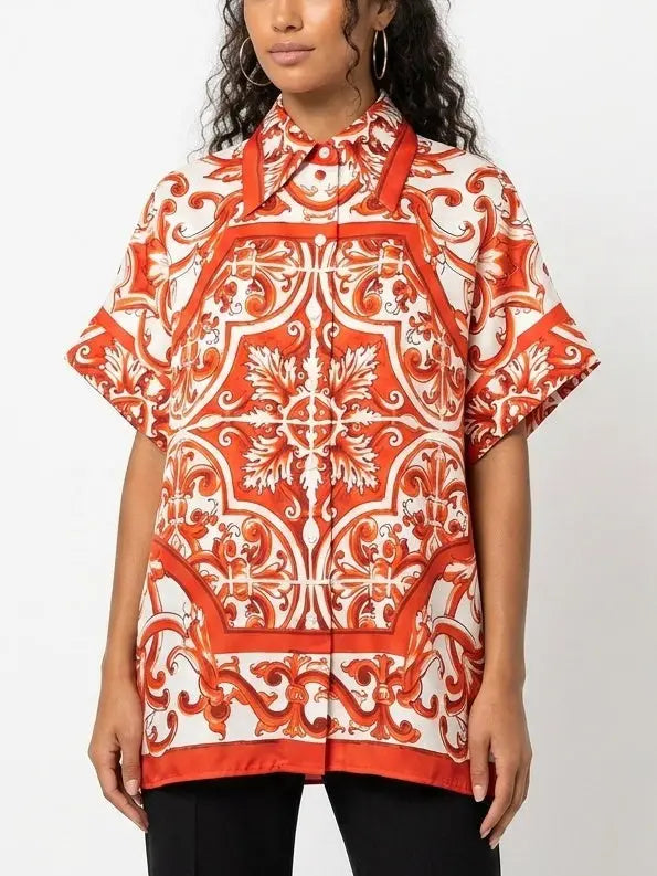 Italian Print Silk Oversized Shirt in Red and White - Tops