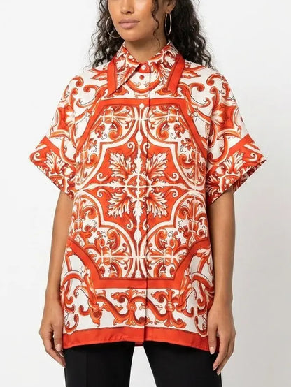 Italian Print Silk Oversized Shirt in Red and White - Tops