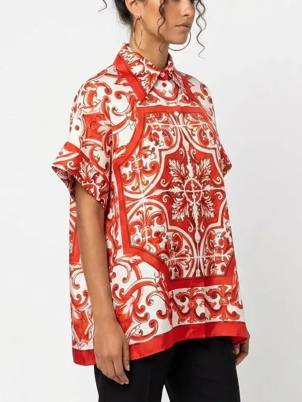 Italian Print Silk Oversized Shirt in Red and White - Tops