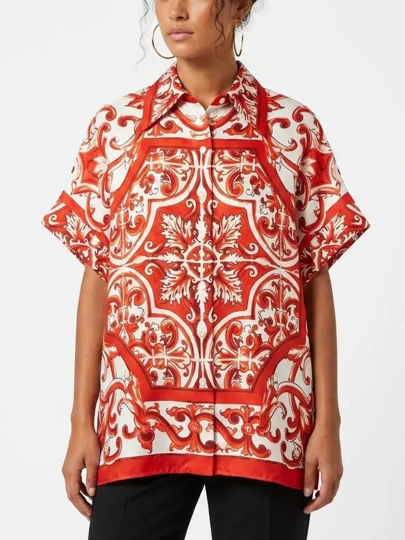 Italian Print Silk Oversized Shirt in Red and White - Tops