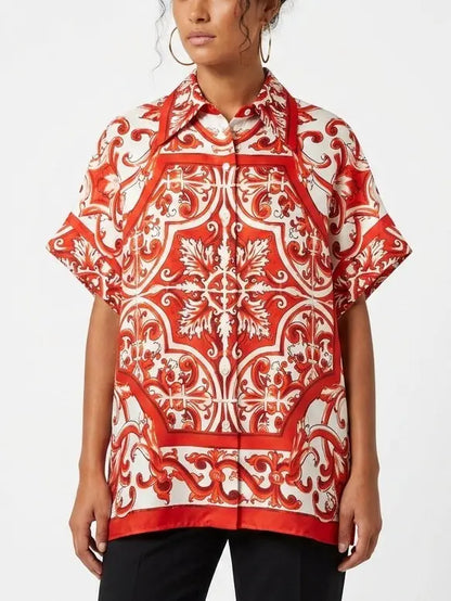 Italian Print Silk Oversized Shirt in Red and White - Tops