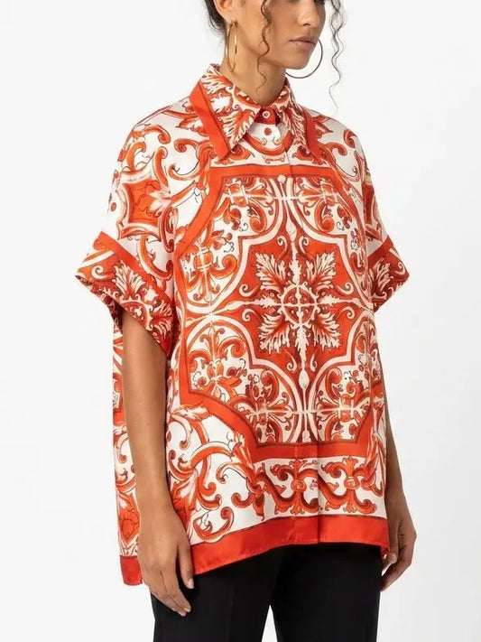 Italian Print Silk Oversized Shirt in Red and White - Tops