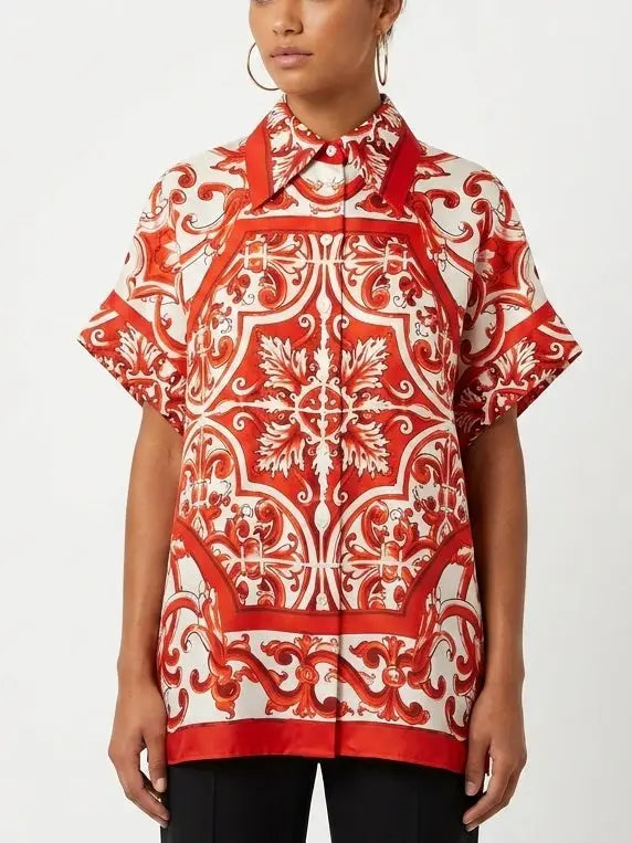 Italian Print Silk Oversized Shirt in Red and White - Tops