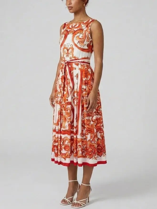 Italian Scroll Print Cotton Midi Dress with Tie Belt - Dresses