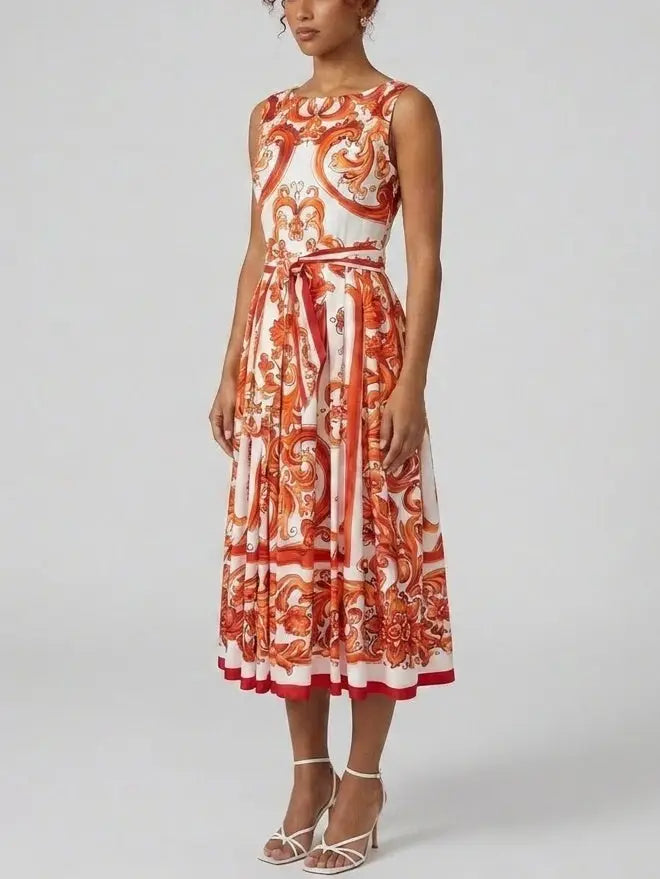 Italian Scroll Print Cotton Midi Dress with Tie Belt - Dresses