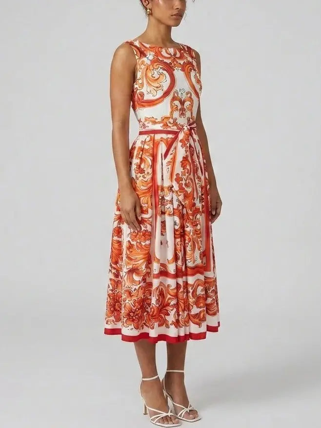 Italian Scroll Print Cotton Midi Dress with Tie Belt - Dresses