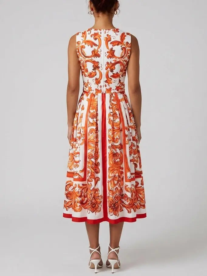 Italian Scroll Print Cotton Midi Dress with Tie Belt - Dresses