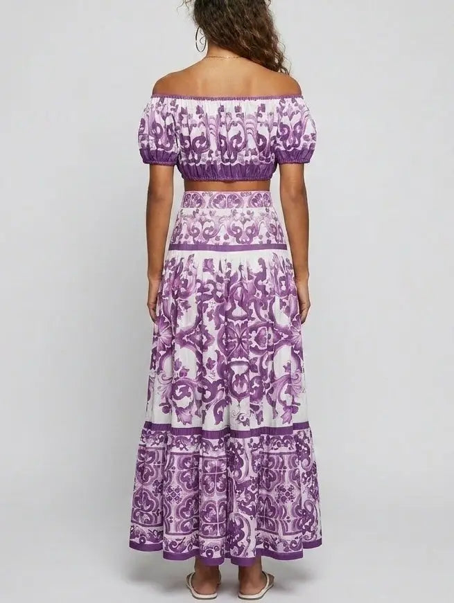 Italian Tile Print Off-Shoulder Crop Top and Skirt Set - Suits & Sets