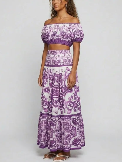 Italian Tile Print Off-Shoulder Crop Top and Skirt Set - Suits & Sets