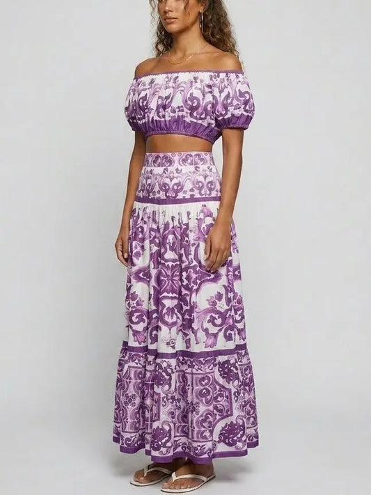 Italian Tile Print Off-Shoulder Crop Top and Skirt Set - Suits & Sets