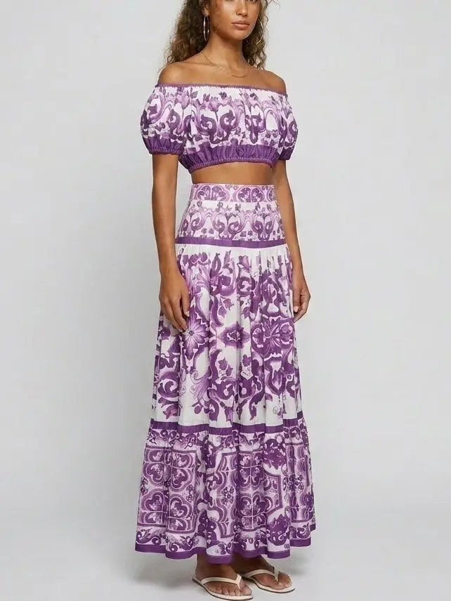 Italian Tile Print Off-Shoulder Crop Top and Skirt Set - Suits & Sets