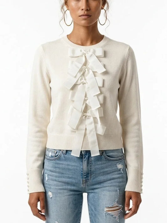 Ivory Bow Embellished Wool Cashmere Blend Sweater - Small - Sweaters & Knitwear