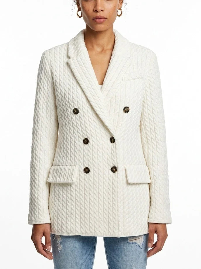 Ivory Cashmere Cable Knit Double Breasted Blazer - Small - Jackets