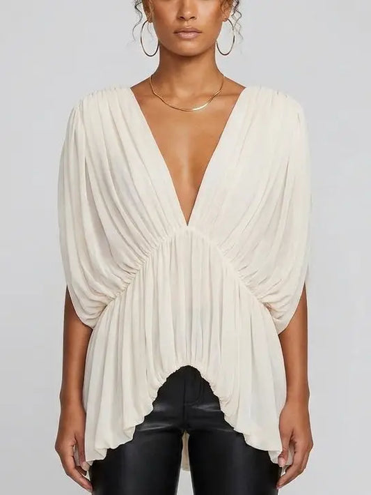 Ivory Draped Gathered V-Neck Top - Small - Tops