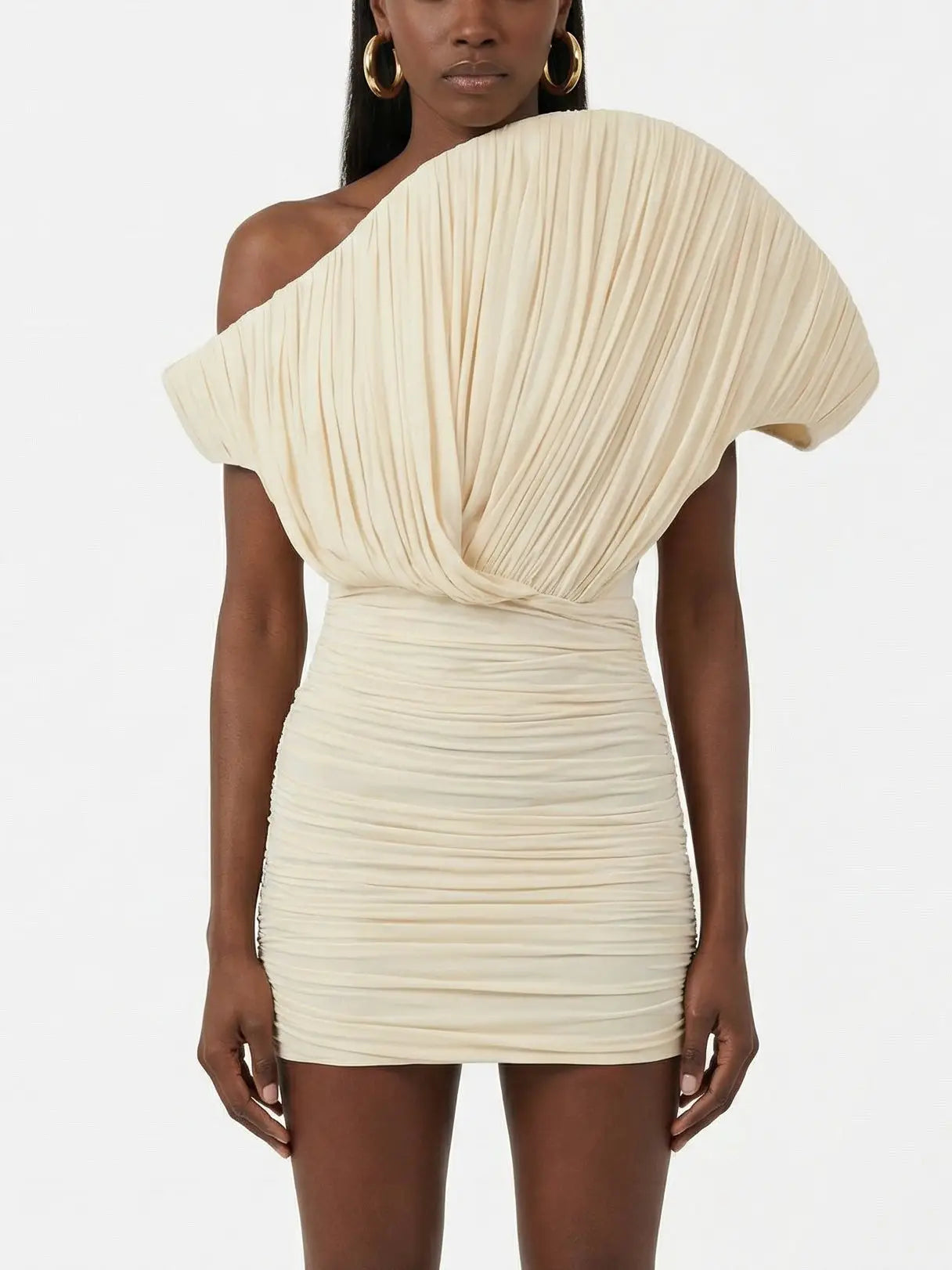 Ivory One-Shoulder Pleated Ruched Mini Dress - S - Dresses