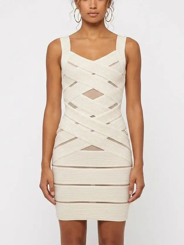 Ivory Ribbed Knit Paneled Mini Dress - Small - Dresses