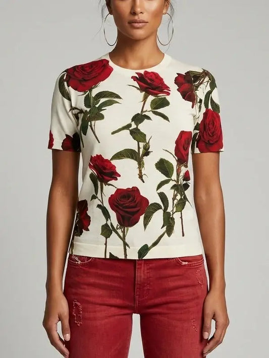 Ivory Rose Print Wool Knit T-Shirt Top - S - Tops