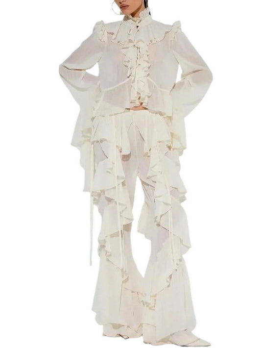 Ivory Ruffled Blouse and Flare Pant Set - Small - Suits & Sets