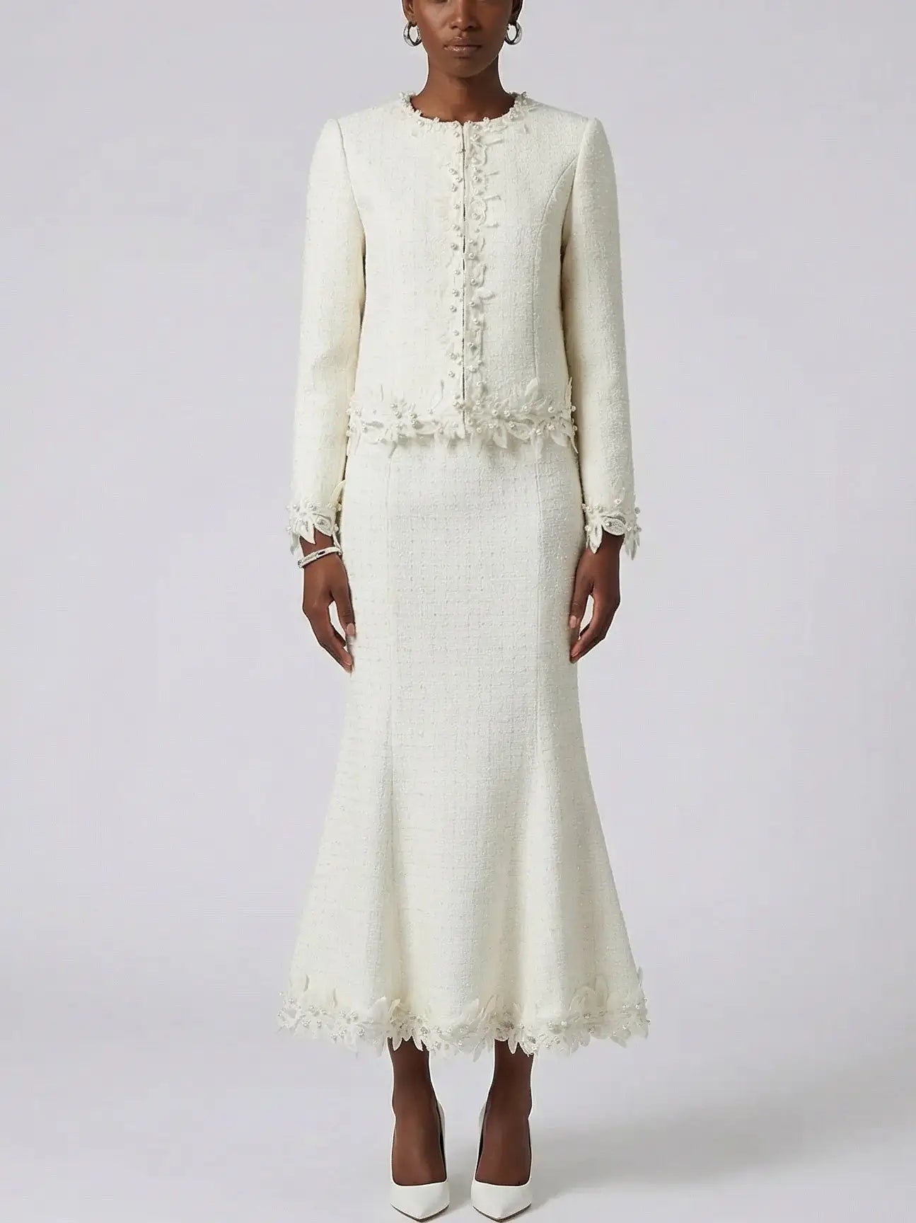 Ivory Tweed Jacket and Midi Skirt Set - S - Suits & Sets