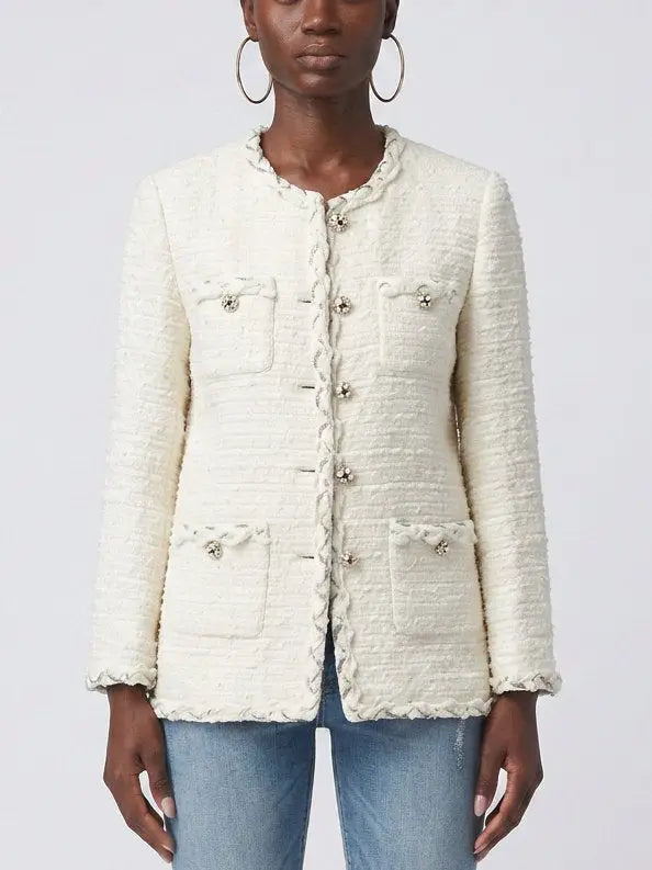 Ivory Tweed Jacket with Jeweled Buttons - Small - Jackets