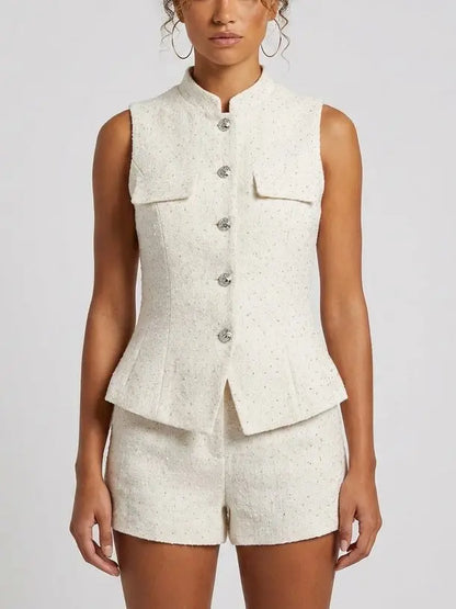 Ivory Tweed Vest Top and Shorts Set - Small - Suits & Sets