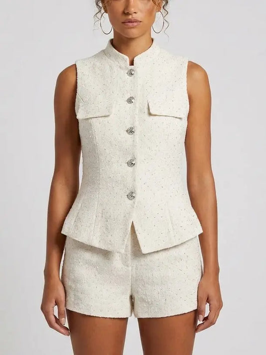 Ivory Tweed Vest Top and Shorts Set - Small - Suits & Sets