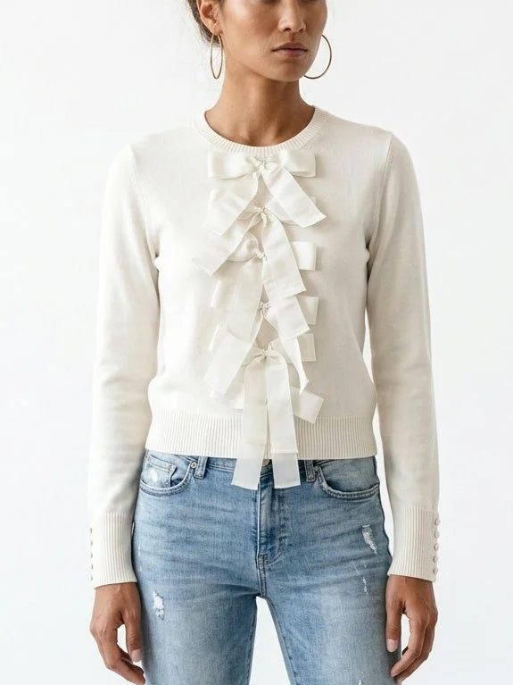 Ivory Bow Embellished Wool Cashmere Blend Sweater - Sweaters & Knitwear