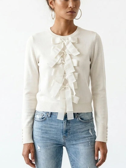 Ivory Bow Embellished Wool Cashmere Blend Sweater - Sweaters & Knitwear