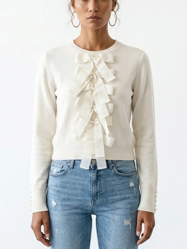 Ivory Bow Embellished Wool Cashmere Blend Sweater - Sweaters & Knitwear