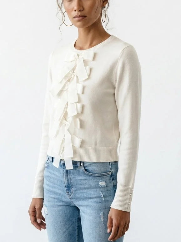 Ivory Bow Embellished Wool Cashmere Blend Sweater - Sweaters & Knitwear