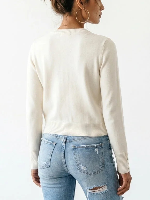 Ivory Bow Embellished Wool Cashmere Blend Sweater - Sweaters & Knitwear