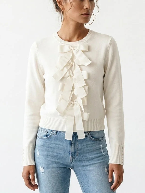 Ivory Bow Embellished Wool Cashmere Blend Sweater - Sweaters & Knitwear