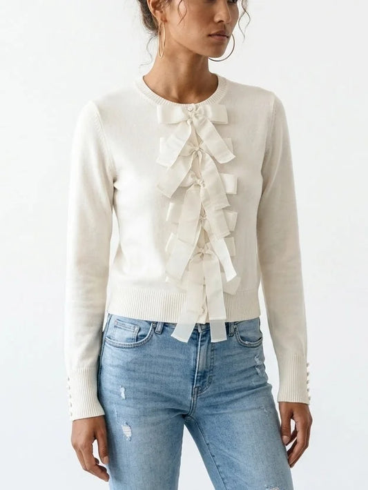 Ivory Bow Embellished Wool Cashmere Blend Sweater - Sweaters & Knitwear