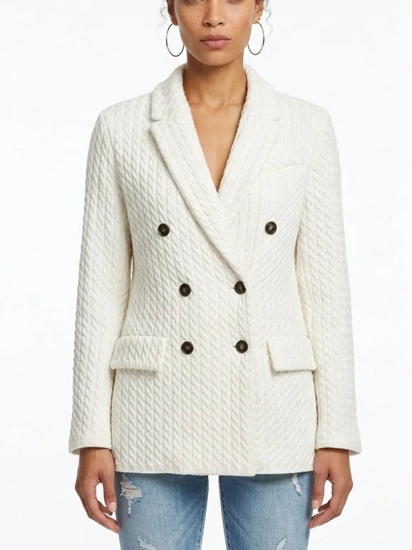 Ivory Cashmere Cable Knit Double Breasted Blazer - Jackets