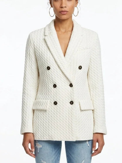 Ivory Cashmere Cable Knit Double Breasted Blazer - Jackets