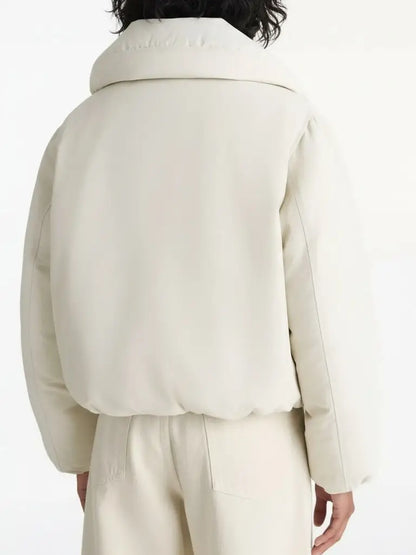 Ivory Cropped Puffer Jacket with Wide Padded Collar - Jackets
