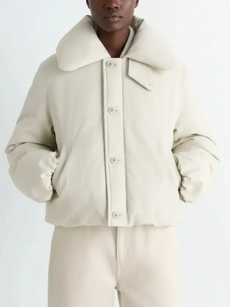 Ivory Cropped Puffer Jacket with Wide Padded Collar - Jackets