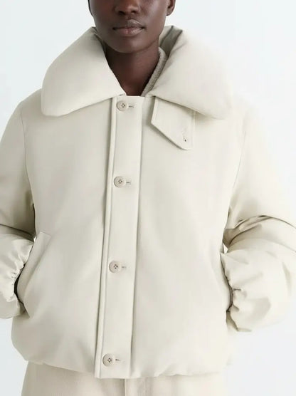 Ivory Cropped Puffer Jacket with Wide Padded Collar - Jackets