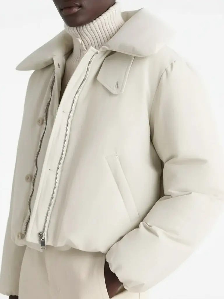 Ivory Cropped Puffer Jacket with Wide Padded Collar - Jackets