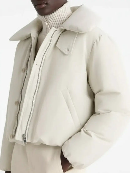 Ivory Cropped Puffer Jacket with Wide Padded Collar - Jackets