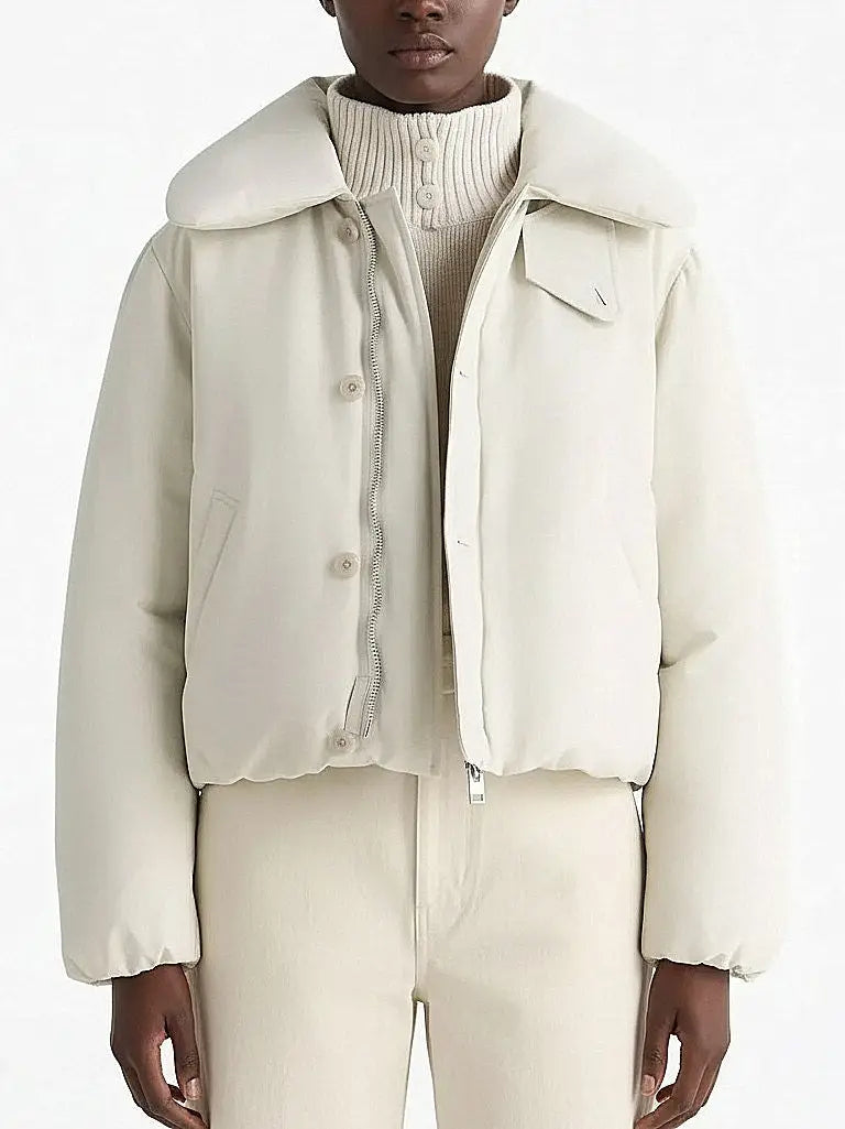 Ivory Cropped Puffer Jacket with Wide Padded Collar - Jackets