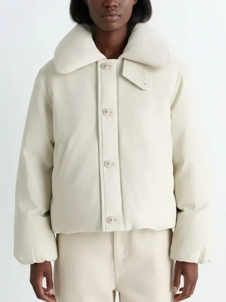 Ivory Cropped Puffer Jacket with Wide Padded Collar - Jackets